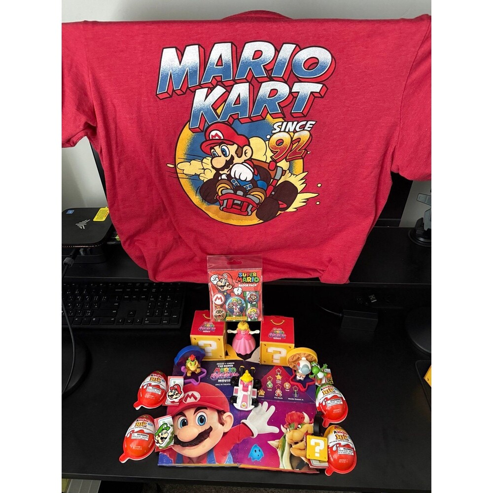 Super Mario Mega Lot - Mario Kart Shirt 2X, Sealed Badge Pack & 8pc Toys